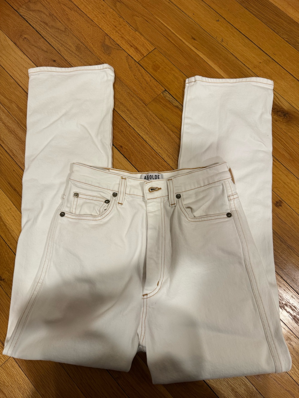Agolde White Jeans with Gold Topstitching